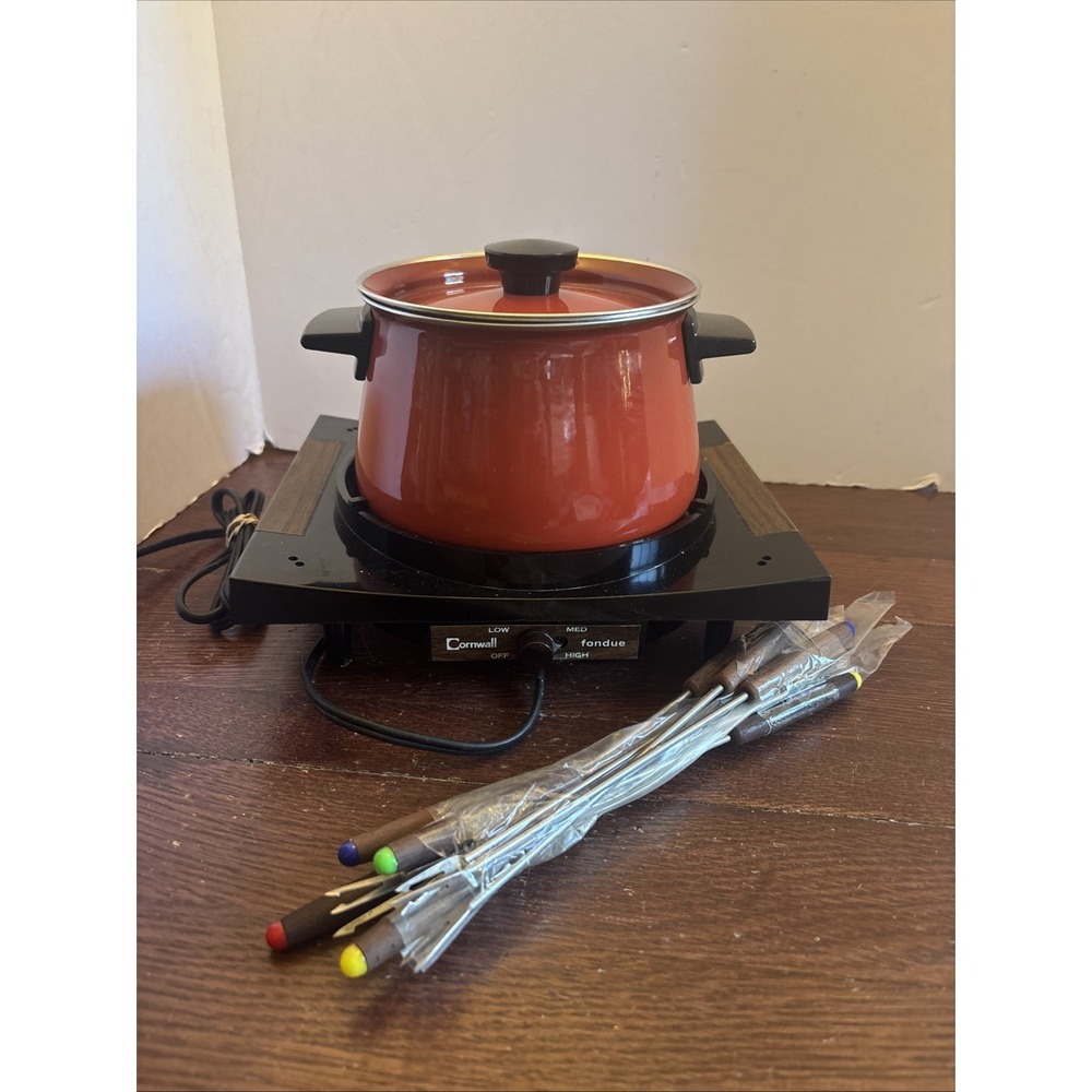 VTG 70s Cornwall Fondue Set The Cortina Flame Red Model 5248 Complete Tested